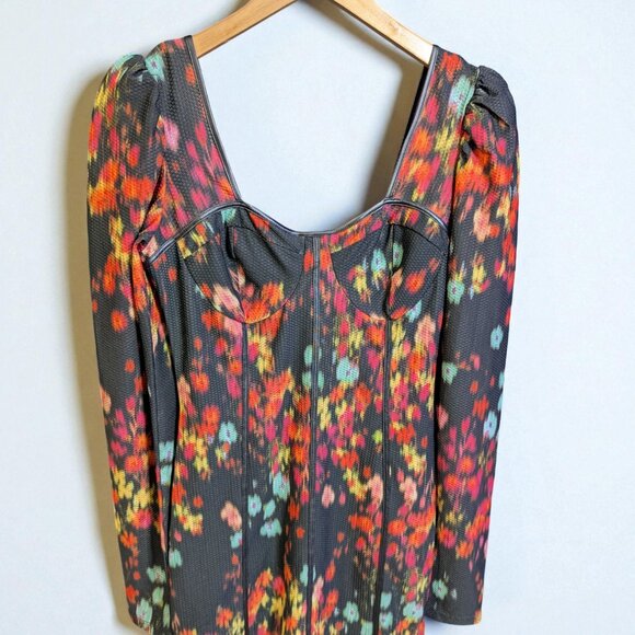 Guess Blurred Floral Long Puff Sleeve Sweatheart Bustier Mini Dress, Size Medium - Picture 1 of 5